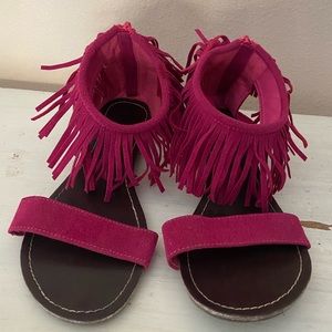 Anna Hot Pink Faux Suede Ankle Fringe Sandals